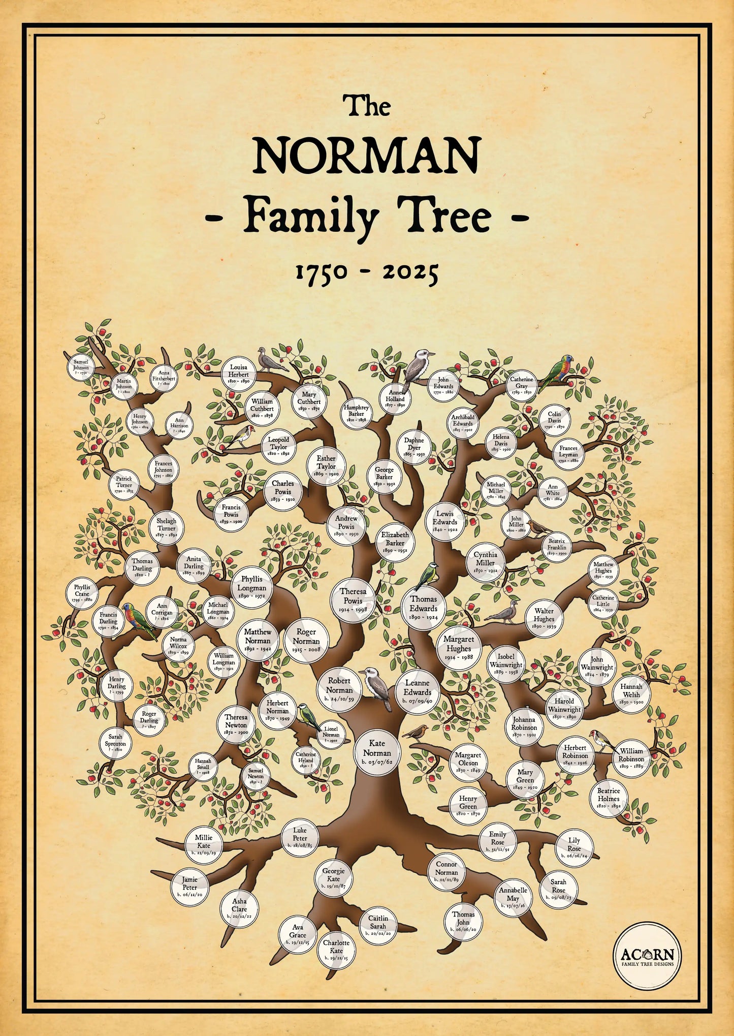 HOURGLASS FAMILY TREE ART | ACORN FAMILY TREE DESIGNS
