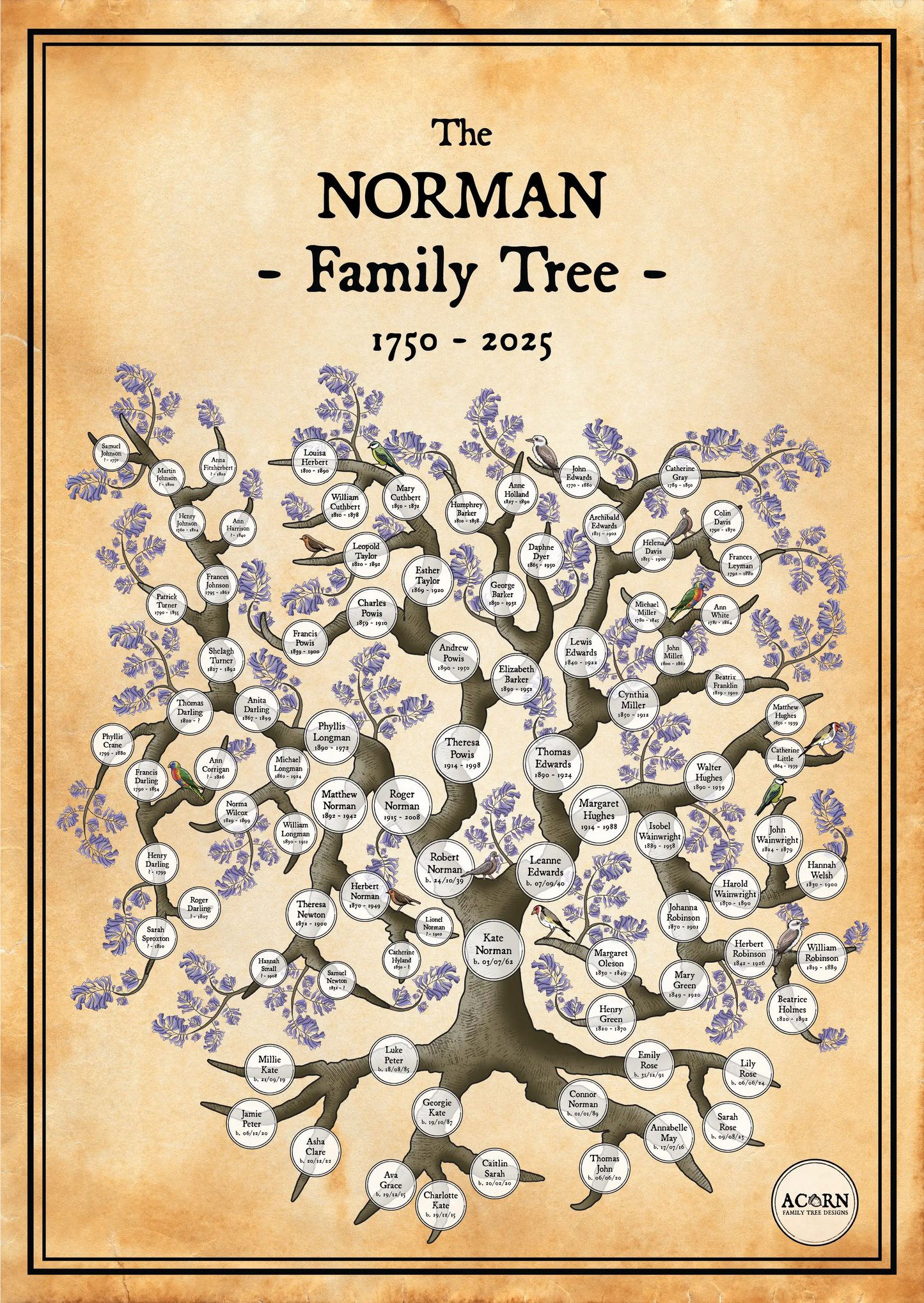 HOURGLASS FAMILY TREE ART | ACORN FAMILY TREE DESIGNS